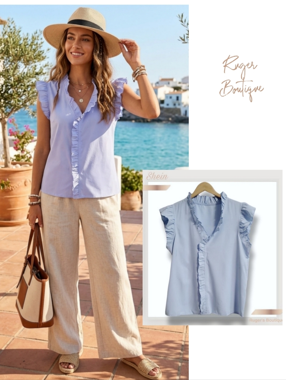 🌿Shein Light Blue Ruffled Cap Sleeve Top - Women's Large